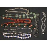 A rose quartz bead pendant necklace, a vari-coloured agate bead pendant necklace, three simulated