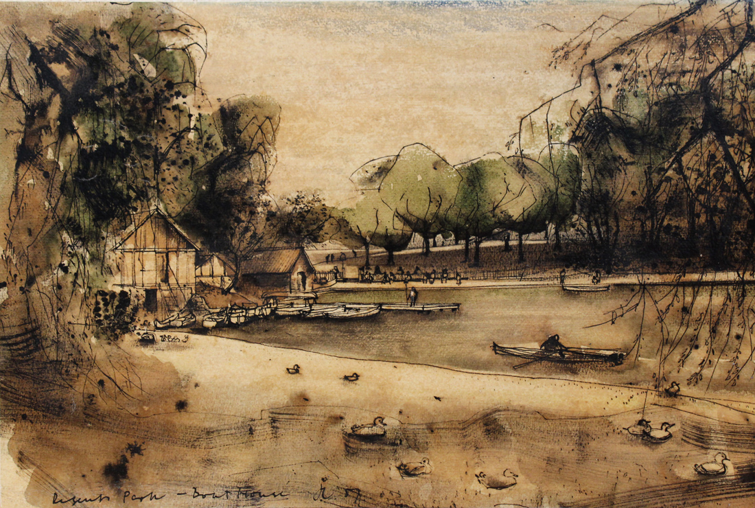 Hugh Casson - 'Regents Park, Boat House', watercolour and gouache, signed with initials, titled