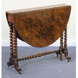 A Victorian walnut oval Sutherland table, on turned barley twist legs, united by a turned stretcher,