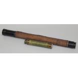 A black enamelled brass and leather bound single drawer telescope inscribed 'Stebbing & Co Opticians