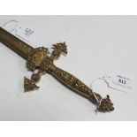 A society sword with straight diamond section blade, length approx 69cm, decorative cruciform hilt