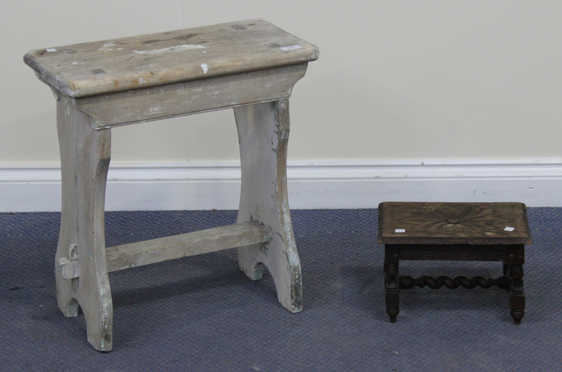 A 19th Century pine stool with a rectangular seat, together with an oak stool.