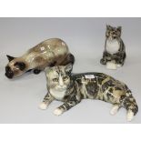 Three Winstanley Pottery models of cats, one in a recumbent pose, one seated and the other leaning