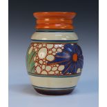 A Clarice Cliff Fantasque Broth pattern vase, shape No. 358, printed factory mark to base, height