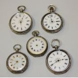 A group of five silver cased lady's fob watches, each with enamel dial and engraved case.