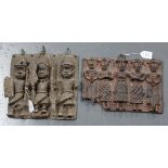 Two Benin style cast bronze wall plaques, each decorated in relief with a band of figures, approx