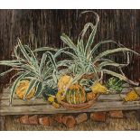 Olwyn Bowey - Still Life Study of Chlorophytum and Gourds in a Potting Shed, late 20th Century oil