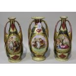 A garniture of three 'Vienna' porcelain vases, late 19th/early 20th Century, each two handled vase