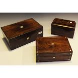 An early Victorian rosewood writing slope, width approx 35cm, a similar rosewood work box and a 19th