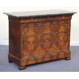 An early 19th Century French walnut chest of five drawers, fitted with an associated grey marble top