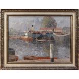 James Kidwell Popham - 'Timber Barges', oil on canvas, signed recto, titled and dated 1949 to