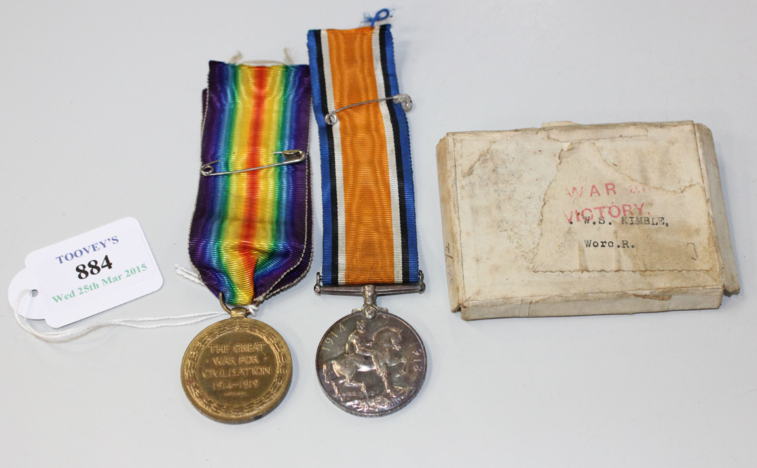 A 1914-18 British War Medal and 1914-19 Victory Medal to '29445 Pte. W.S. Kimble. Worc.R.', with a - Image 2 of 2