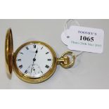 A gilt metal keyless wind hunting cased gentleman's pocket watch, the jewelled lever movement