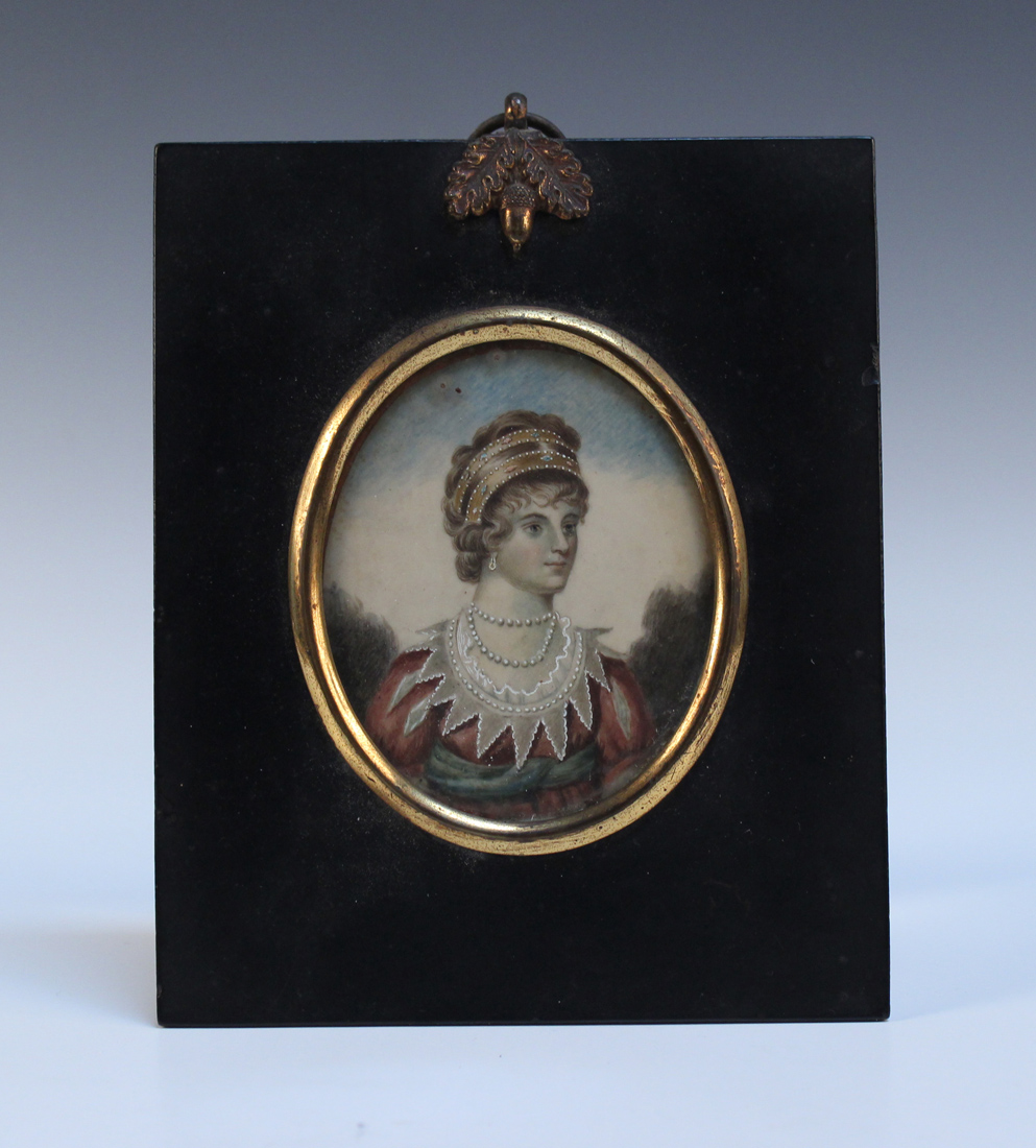 19th Century Continental School - Oval Miniature Portrait of a Lady wearing a Tiara, watercolour