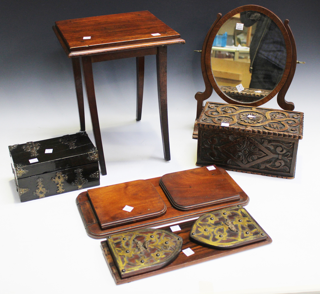 A small mahogany square topped table, a mahogany oval mirror, a brass mounted rectangular oak box, a