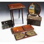 A small mahogany square topped table, a mahogany oval mirror, a brass mounted rectangular oak box, a