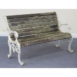 A 20th Century cast aluminium garden bench with slatted seat and back, the ends cast with lion
