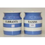 Two T.G. Green Cornish Ware blue banded storage jars, inscribed 'Currants' and 'Raisins', black