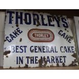 An enamel advertising sign for 'Thorley's Cake', approx 69cm x 81cm (faults).