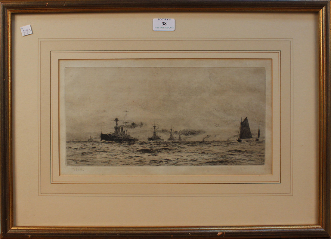 William Lionel Wyllie - View of a Naval Fleet and Biplane, early 20th Century monochrome etching,