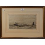 William Lionel Wyllie - View of a Naval Fleet and Biplane, early 20th Century monochrome etching,