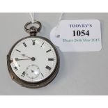 A silver cased open-faced gentleman's pocket watch, the case back with a lever winding mechanism,