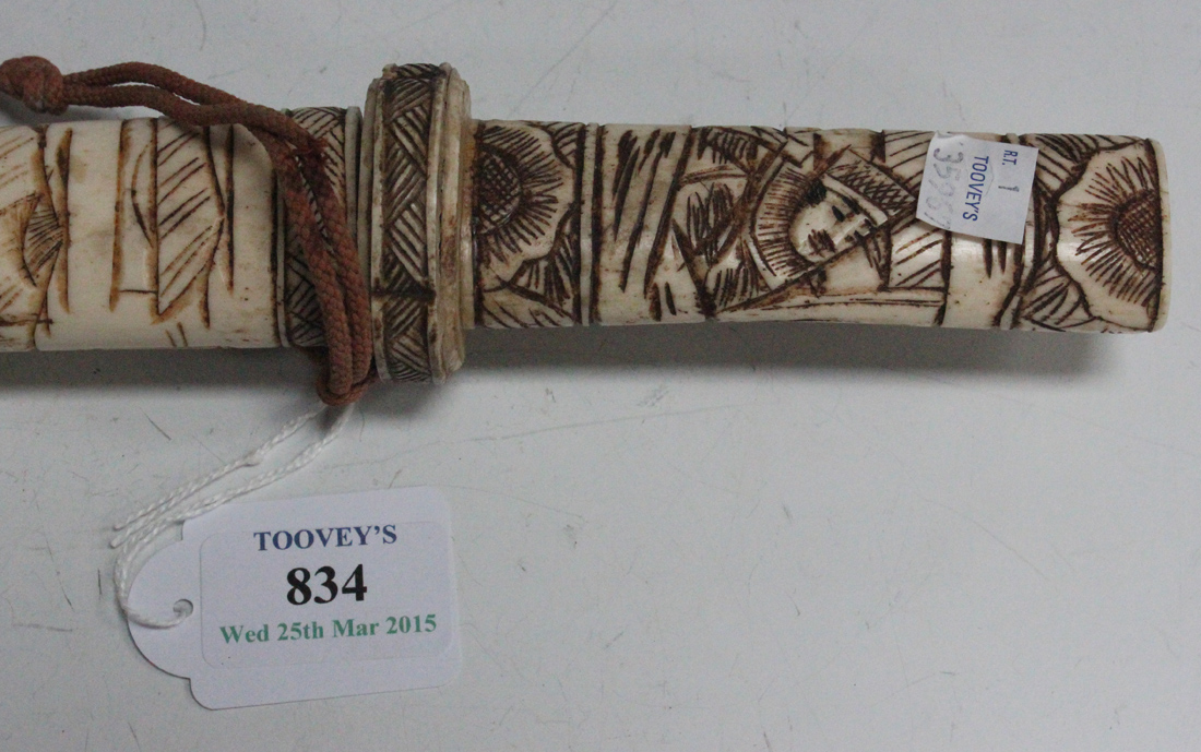 A Japanese carved bone tanto dagger with narrow single edged blade, length approx 18cm, grip - Image 2 of 3