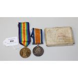 A 1914-18 British War Medal and 1914-19 Victory Medal to '29445 Pte. W.S. Kimble. Worc.R.', with a
