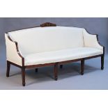 A late George III satinwood framed salon settee upholstered in an ivory foliate patterned damask,