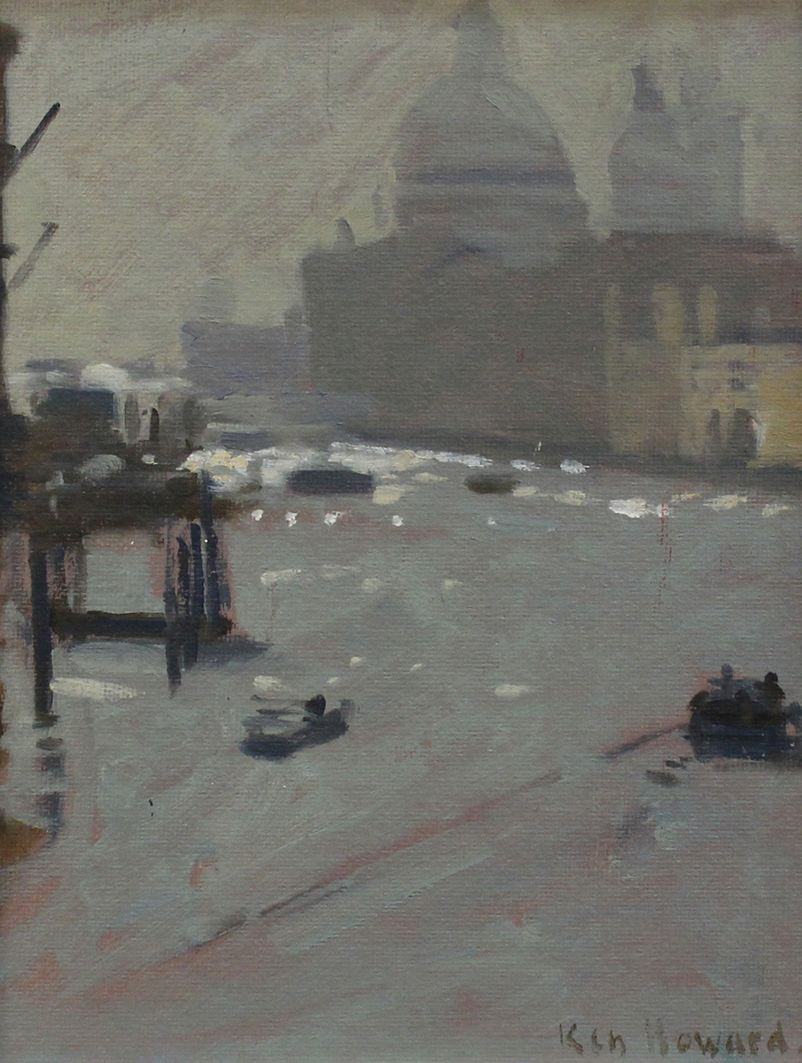 Ken Howard - 'Grand Canal Misty Morning', late 20th Century oil on board, signed recto, titled