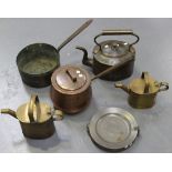 A group of metalware, including a Victorian copper kettle, various door furniture and two brass