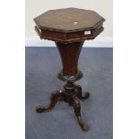 A Victorian burr walnut work table, the inlaid octagonal top above a tapering box, raised on