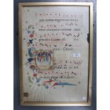 An illuminated manuscript vellum leaf, possibly 16th Century Continental European, the music on