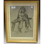 A charcoal on paper by Catherine Armstrong, depicting a girl seated contemplating, together with a