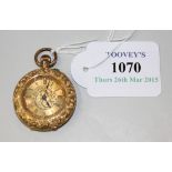 A gold cased keyless wind open-faced lady's fob watch, with a gilt jewelled cylinder movement, the