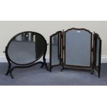 A 20th Century mahogany triptych dressing table mirror on outswept feet, height approx 61cm,