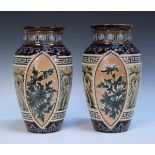 A pair of Doulton Lambeth Slaters Patent stoneware vases, circa 1887, decorated by Eliza Simmance,