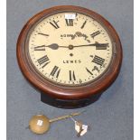 A Victorian mahogany circular wall timepiece with fusee movement, the painted dial with Roman