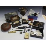A group of collectors' items, including mother-of-pearl gaming counters, silver thimbles, a