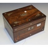 An early Victorian rosewood and mother-of-pearl inlaid work box, the hinged lid above a single