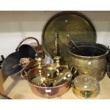 A collection of copper and brasswares, including a copper preserve pan, diameter approx 38cm, a