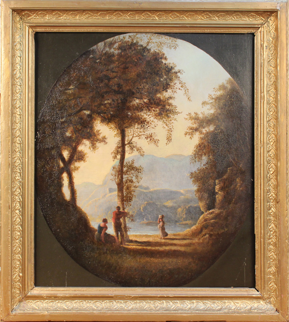 19th Century Continental School - Oval Classical View, oil on panel, approx 54cm x 47cm, within a