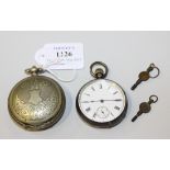 A plated metal keywind hunting cased Turkish market pocket watch, the gilt jewelled lever movement