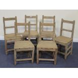 A set of six provincial stripped elm and pine bar back kitchen chairs with solid seats, on block