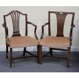 Two George III mahogany elbow chairs upholstered in pink velour, on block legs.