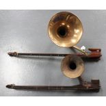 A Howson Phono-fiddle with large brass horn and mahogany body, Reg. No. 287991, length approx
