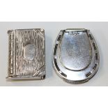 A plated novelty vesta case in the form of a horseshoe by H.J. Cooper & Co, height approx 5cm, and