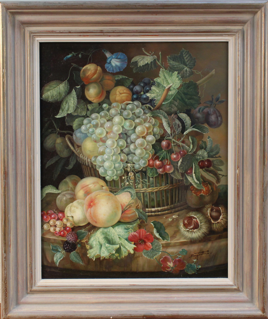 Margaretta - Still Life Study of Fruit on a Ledge, late 20th Century oil on panel, signed recto,
