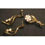 A 9ct gold, cultured pearl and diamond set brooch designed as a floral spray, and a pair of 9ct gold