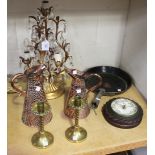 A group of metalwork, including a gilt metal and cut glass five light table lamp, two copper